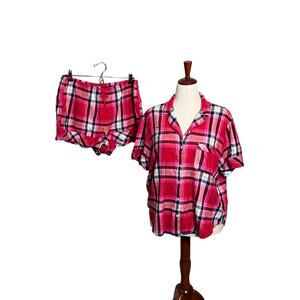 Victoria's Secret flannel pajama set pink black plaid shorts & button top Sz L